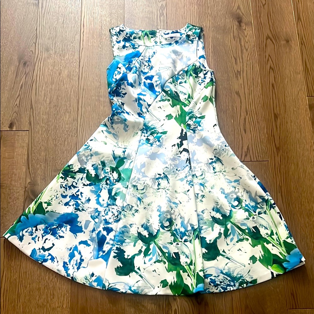 Calvin Klein White Floral Strapless Dress with Blue & Green Print
